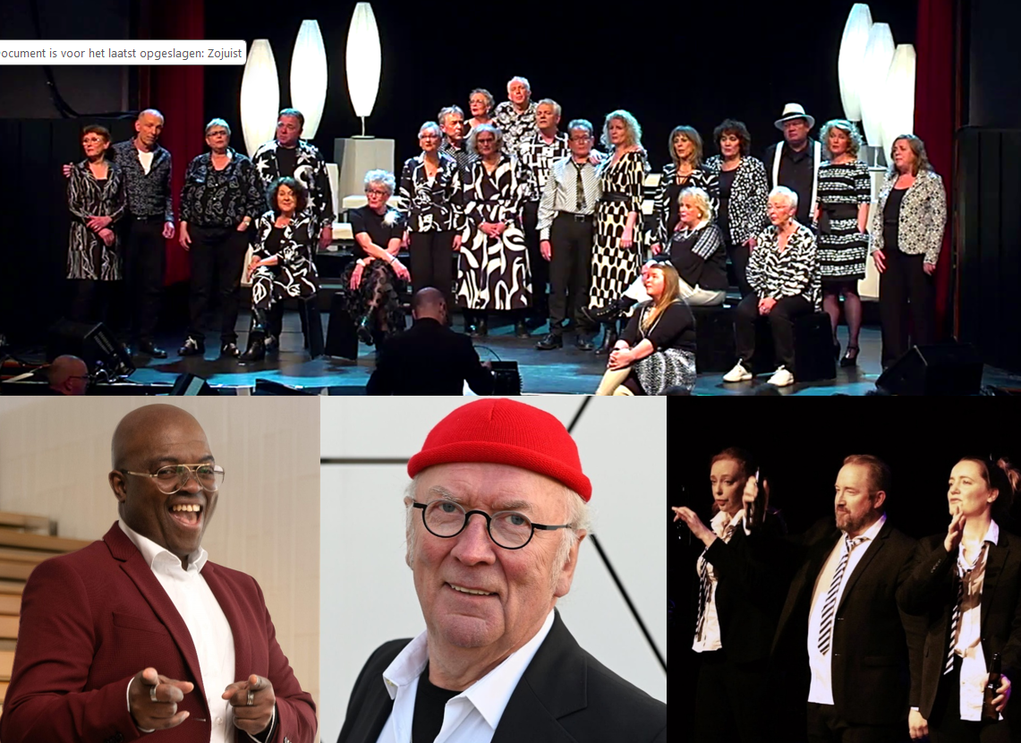Harry Slinger, Drukwerk, Emile Baars, Kleinkunstkoor Amsterdam, Cabaret Buiten Schot treden samen op in het programma Zing5, We Leven Nog in theater Het Zonnehuis in Amsterdam-Noord.