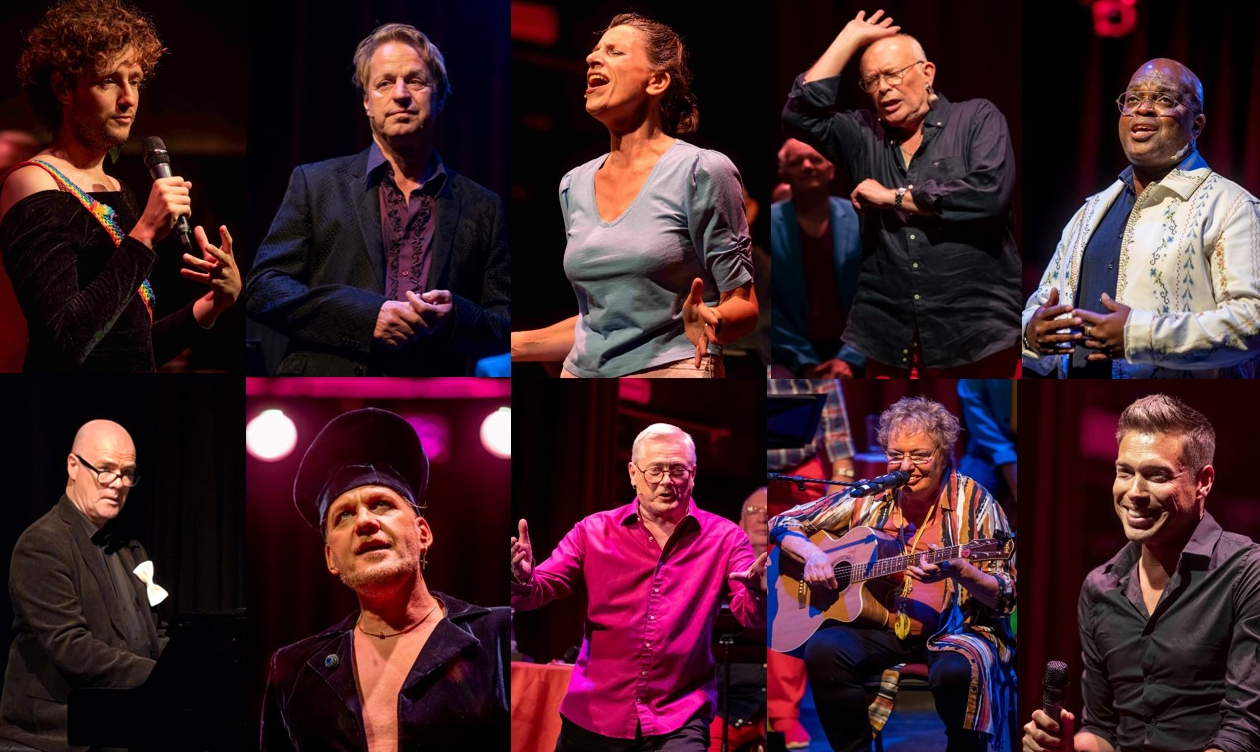 Een foto met de aankondiging van ons Nederlied Pride Chantant 2024 Zingend de kast uit, dat we van 23 november tot en met 1 december brengen in theater Het Zonnehuis in Amsterdam-Noord.