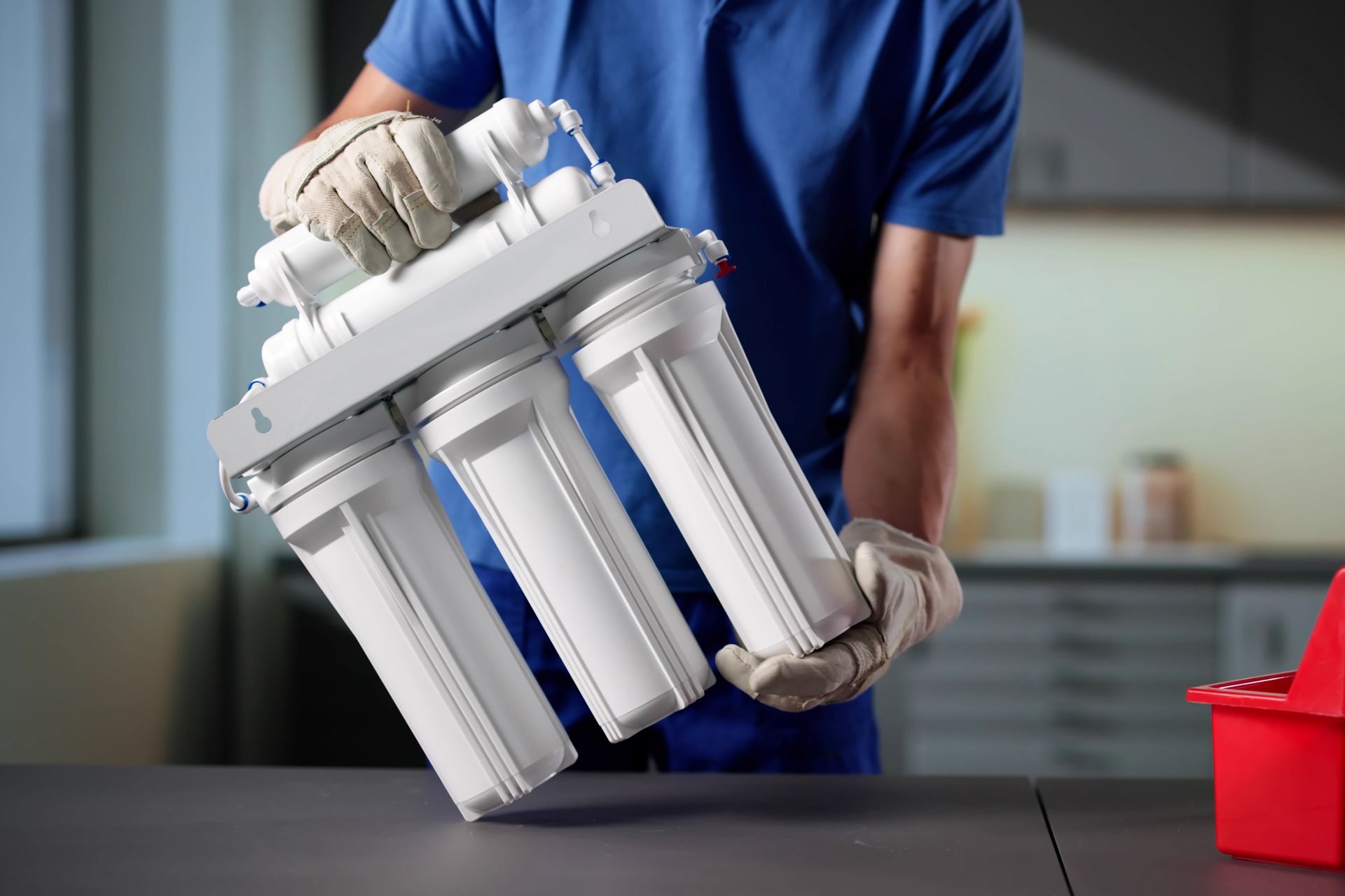 Person holding a reverse osmosis water filter in a kitchen.