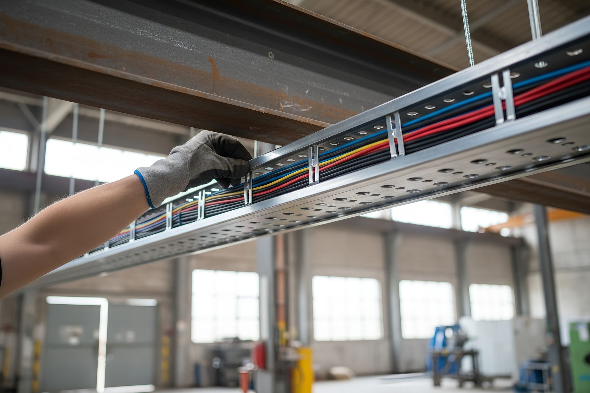 Person in work gloves installing wires in a metal cable tray suspended from a ceiling in a factory.