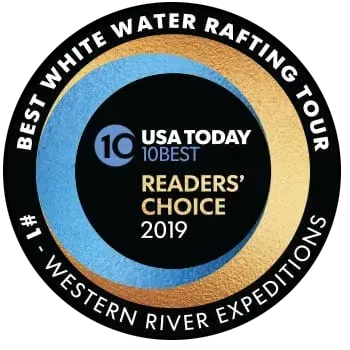 USA Today 10Best Readers' Choice award: Best White Water Rafting Tour. Blue and gold circular logo.