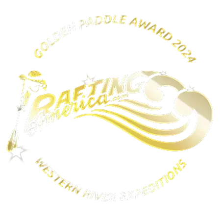 Golden Paddle Award logo. Gold and white stylized design with text, a river, and a paddler figure.