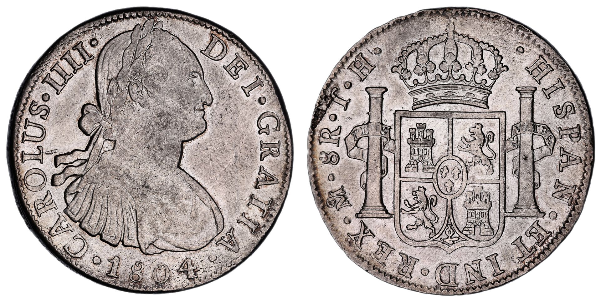 1804 Mexico silver 8 reales of Charles IV, obverse and reverse, Lot 932 at Copeland Roberts Auction 021