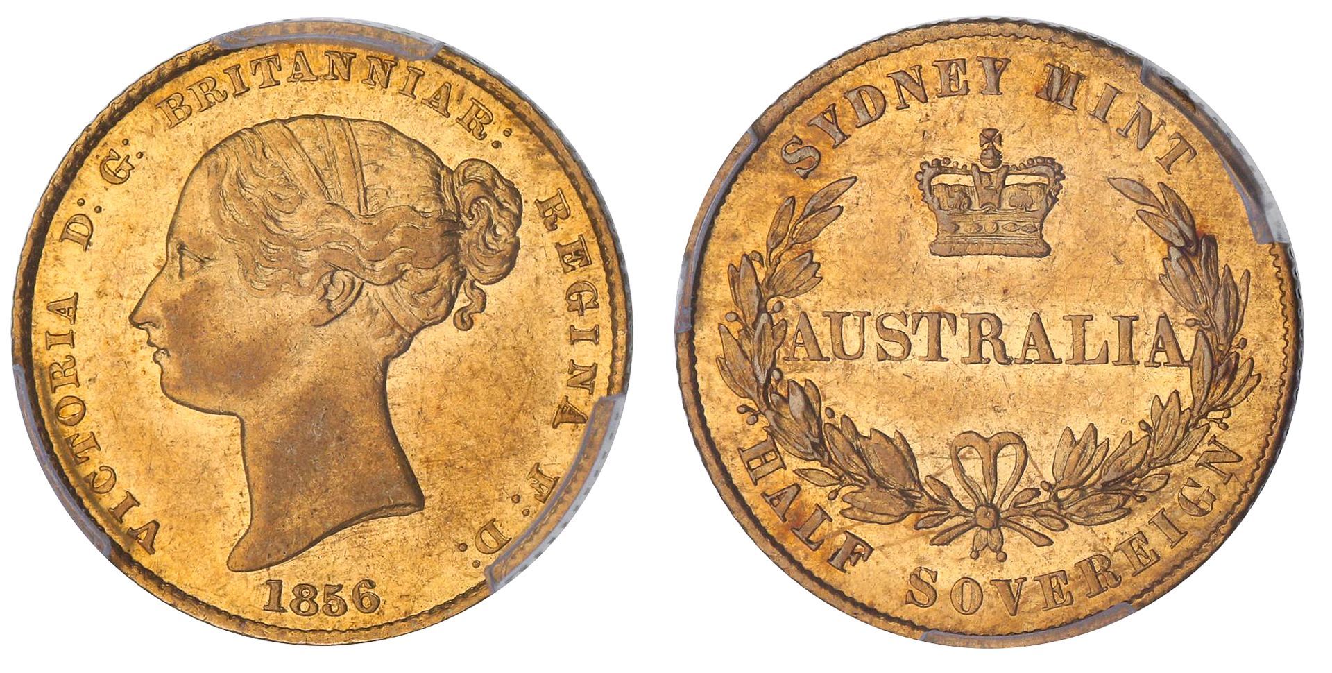 1856 Sydney Mint Type I gold half sovereign graded PCGS AU58, obverse and reverse, Lot 171 at Copeland Roberts Auction 021