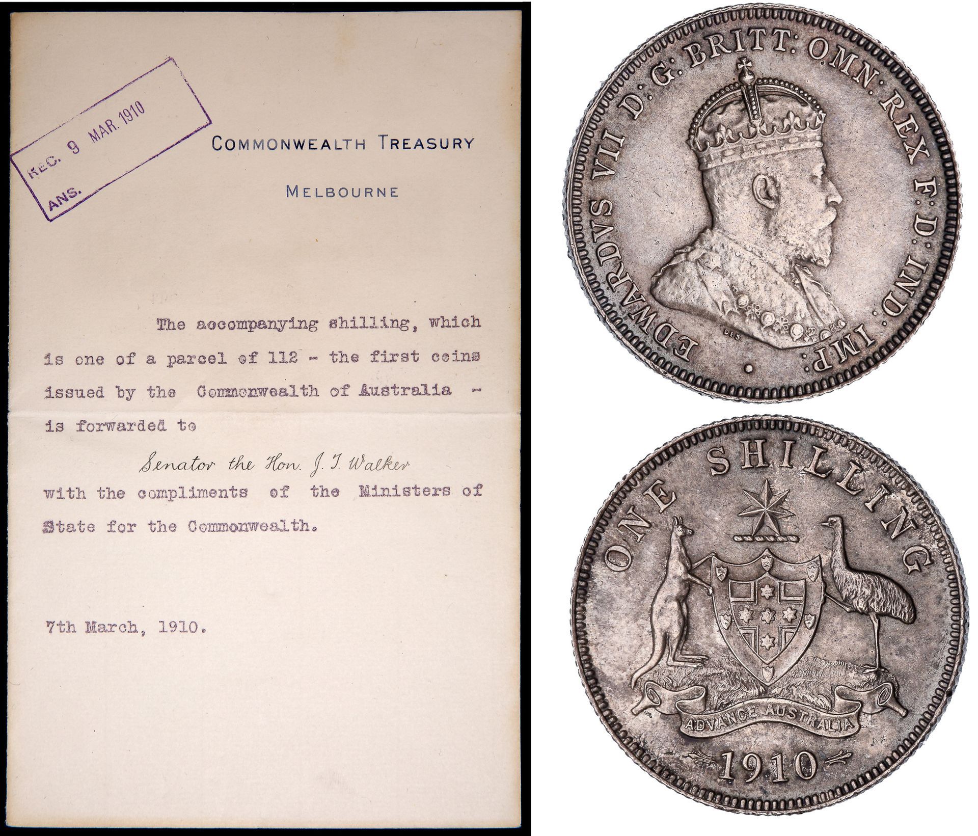 1910 Australian specimen shilling, obverse and reverse, with its original Commonwealth Treasury letter dated 7 March 1910, Lot 168 at Copeland Roberts Auction 021