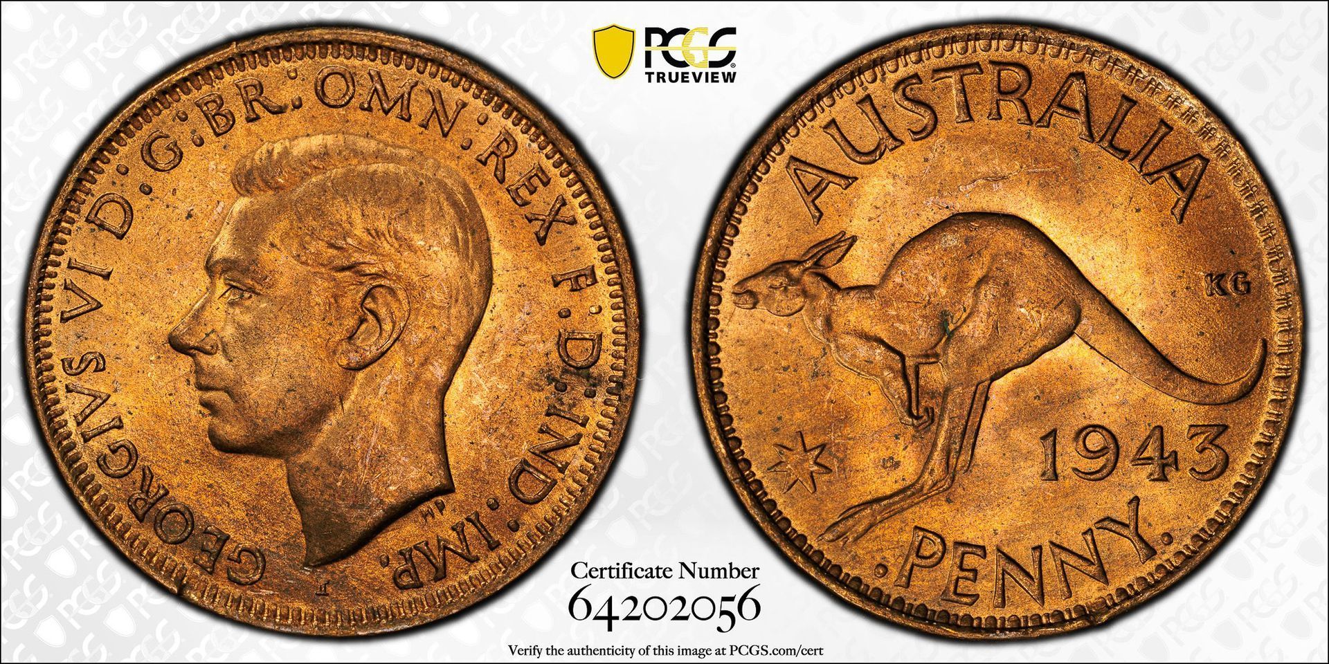 1943-I Australian penny graded PCGS MS64RD, Lot 32 at Copeland Roberts Auction 020