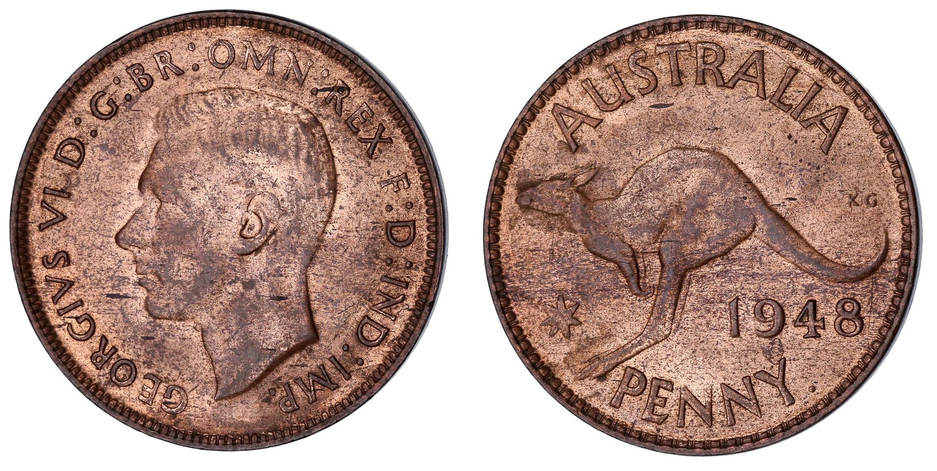 1948 Perth Mint penny in Choice Uncirculated condition with original mint colour, obverse and reverse, Lot 67 at Copeland Roberts Auction 021