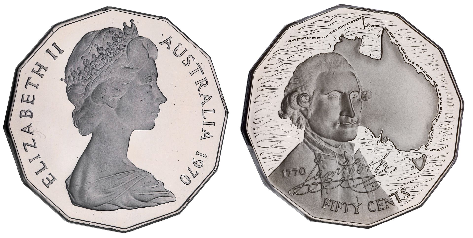 1970 Captain Cook proof 50 cent coin graded PCGS PR69DCAM, obverse and reverse, Lot 752 at Copeland Roberts Auction 021
