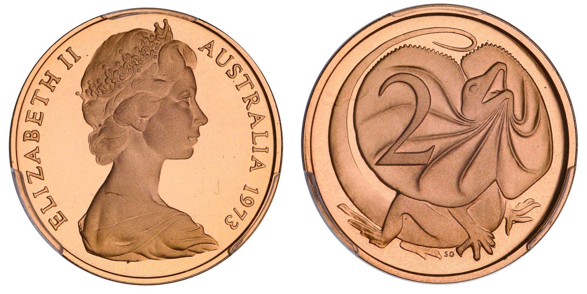 1973 Australian proof 2 cent coin graded PCGS PR70DCAM, obverse and reverse, Lot 762 at Copeland Roberts Auction 021