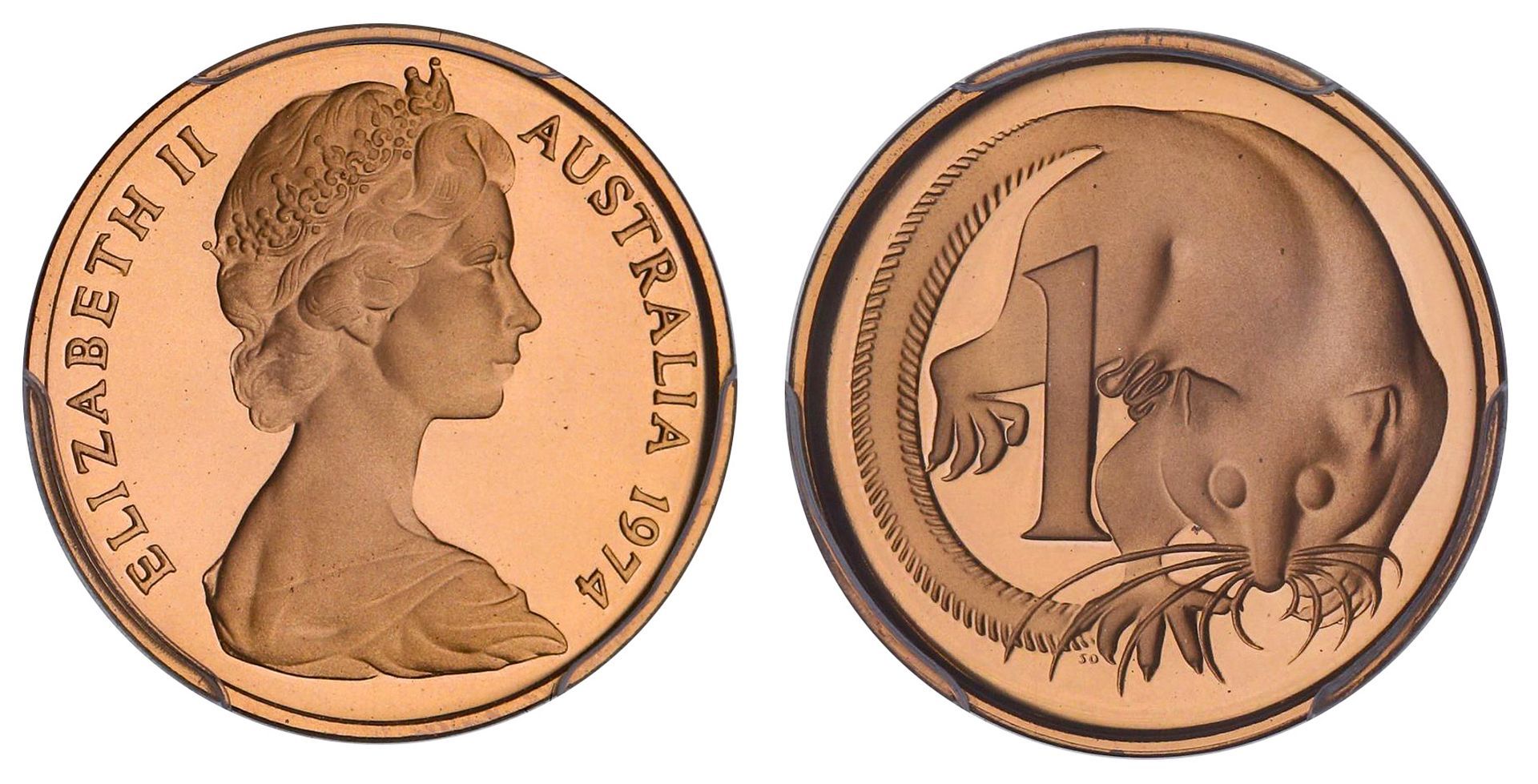 1974 Australian proof 1 cent coin graded PCGS PR70DCAM, obverse and reverse, Lot 765 at Copeland Roberts Auction 021