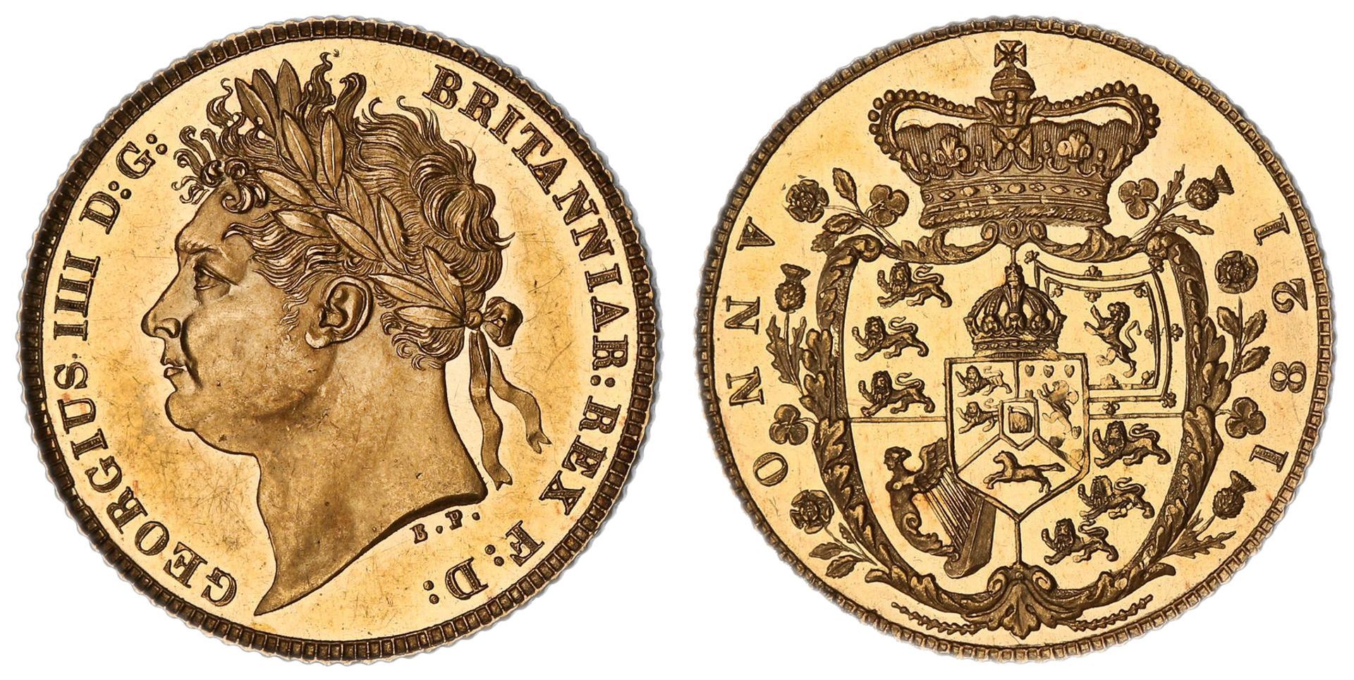 Obverse and reverse of an 1821 George IV proof half sovereign, laureate head and crowned shield