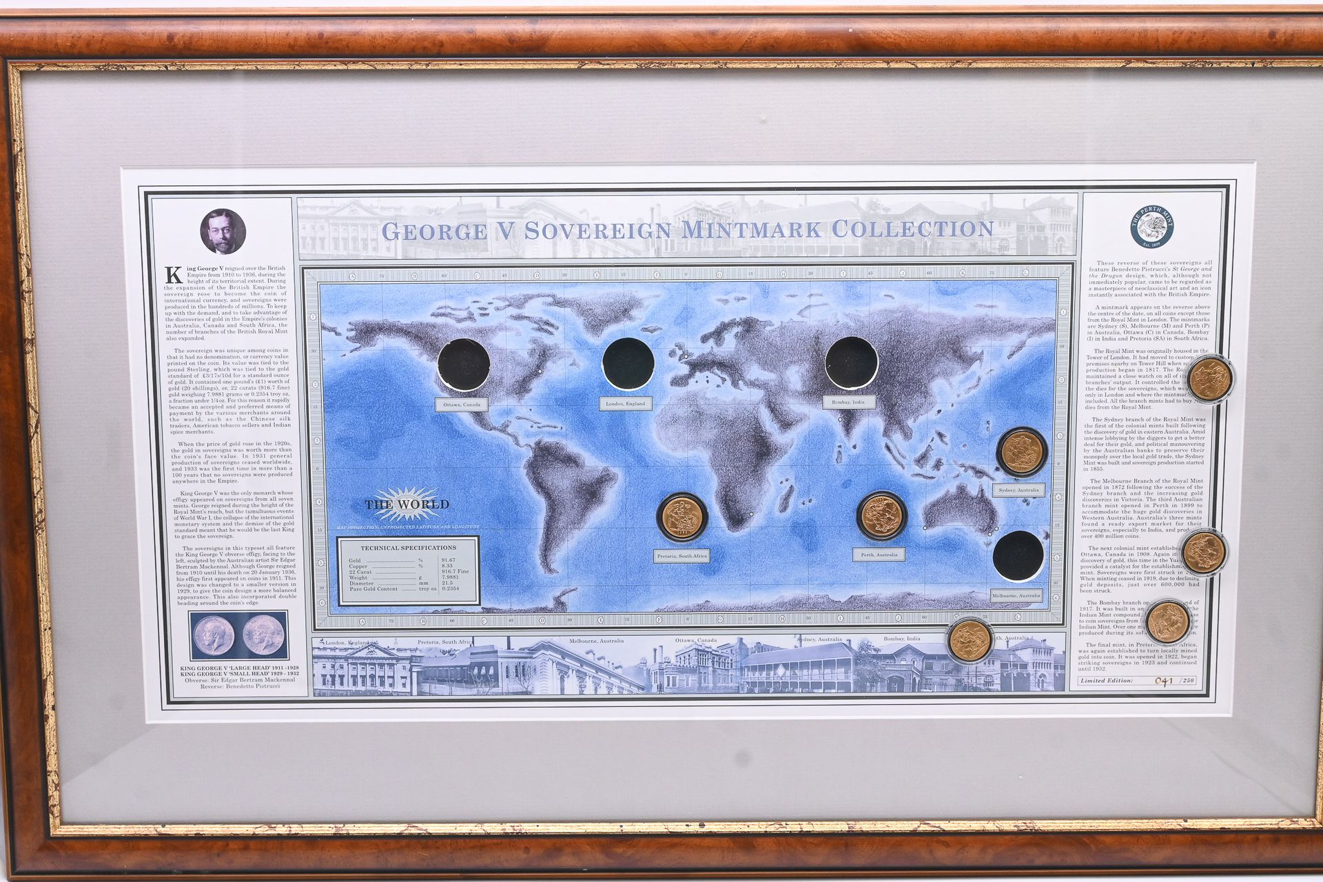 Framed collection of seven George V gold sovereigns from the London, Sydney, Ottawa, Perth, Melbourne, Bombay and Pretoria mints, Lot 95 at Copeland Roberts Auction 020