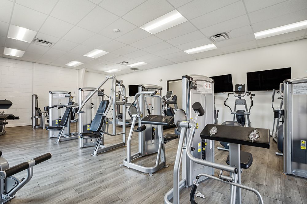 Gym with various exercise machines and three flat-screen TVs; a bright interior with gray floors.