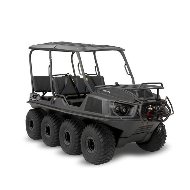 A Black Vehicle With Six Wheels on a White Background — MPE Adventure Quads & Bikes In Thornton, NSW