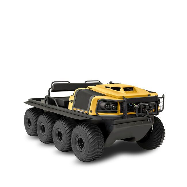 A Yellow and Black Vehicle With Six Wheels on a White Background — MPE Adventure Quads & Bikes In Thornton, NSW