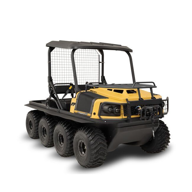 A Yellow and Black Atv With Six Wheels on a White Background — MPE Adventure Quads & Bikes In Thornton, NSW