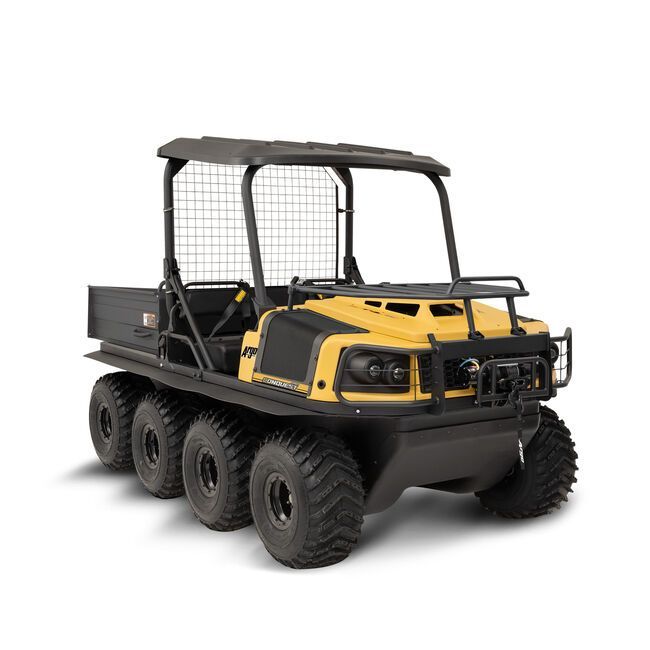 A Yellow and Black Utility Vehicle With Six Wheels on a White Background — MPE Adventure Quads & Bikes In Thornton, NSW