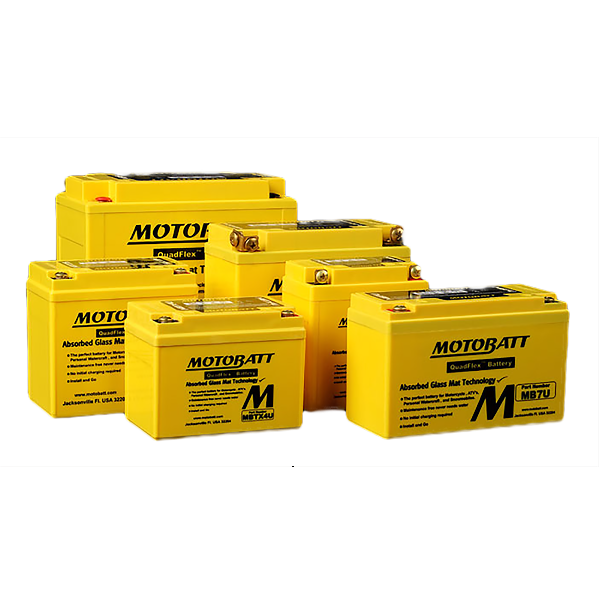 Yellow Motobatt Motorcycle Batteries of Varying Sizes — MPE Adventure Quads & Bikes In Thornton, NSW