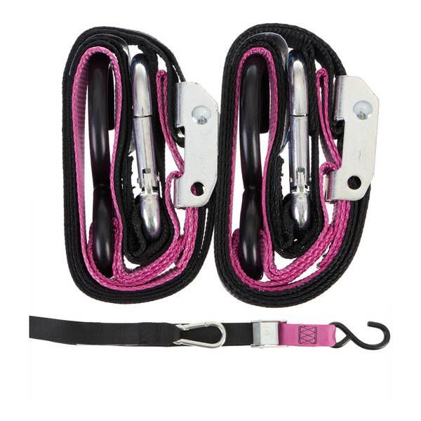 Two Sets of Black and Pink Tie-down Straps With Metal Hooks and Clasps — MPE Adventure Quads & Bikes In Thornton, NSW