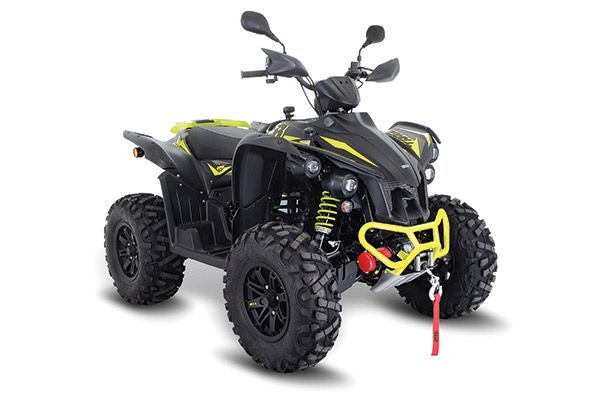 A Black and Yellow ATV is on a White Background — MPE Adventure Quads & Bikes In Cessnock, NSW