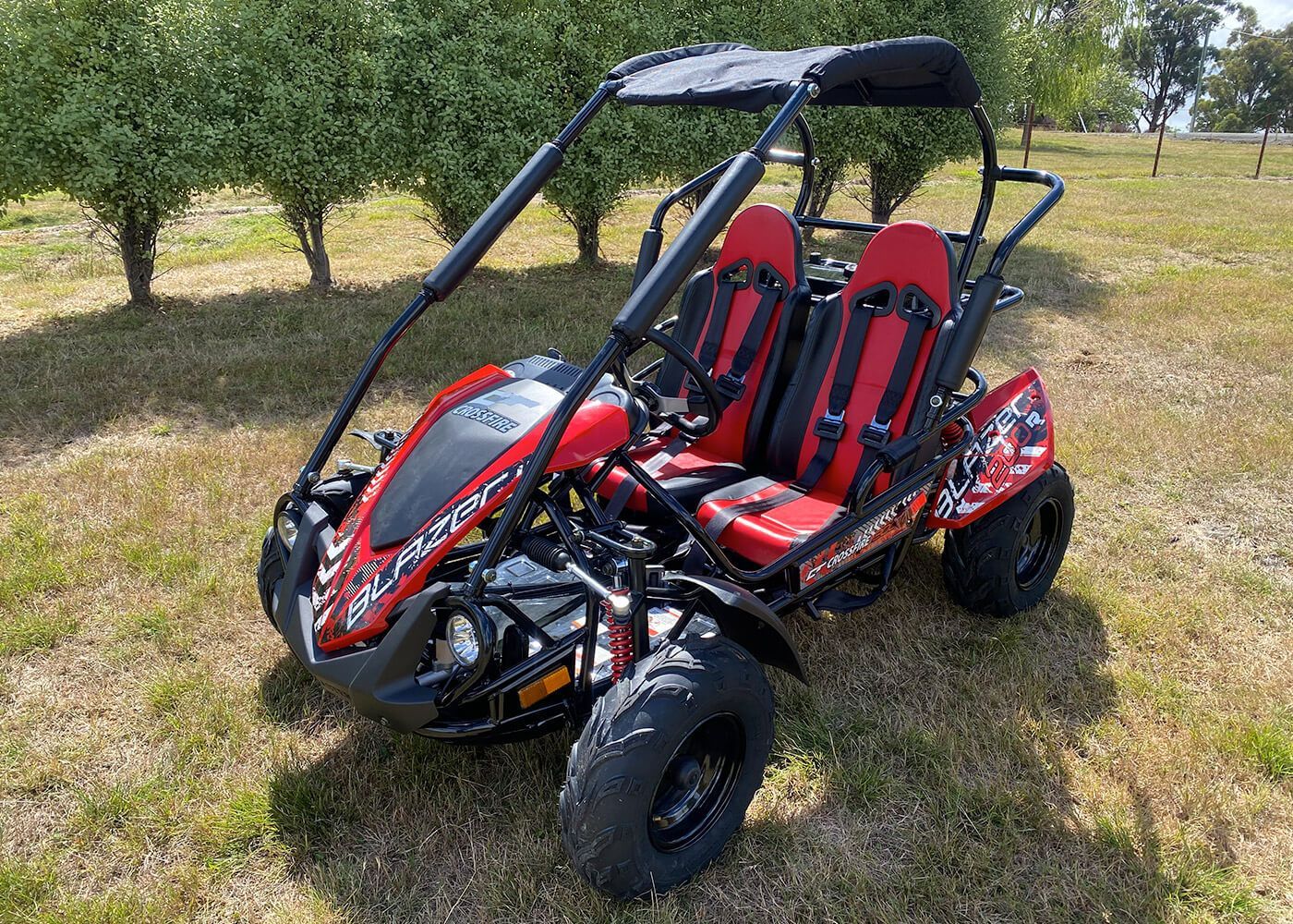 A Red ATV Parked On The Grass — MPE Adventure Quads & Bikes In Taree, NSW