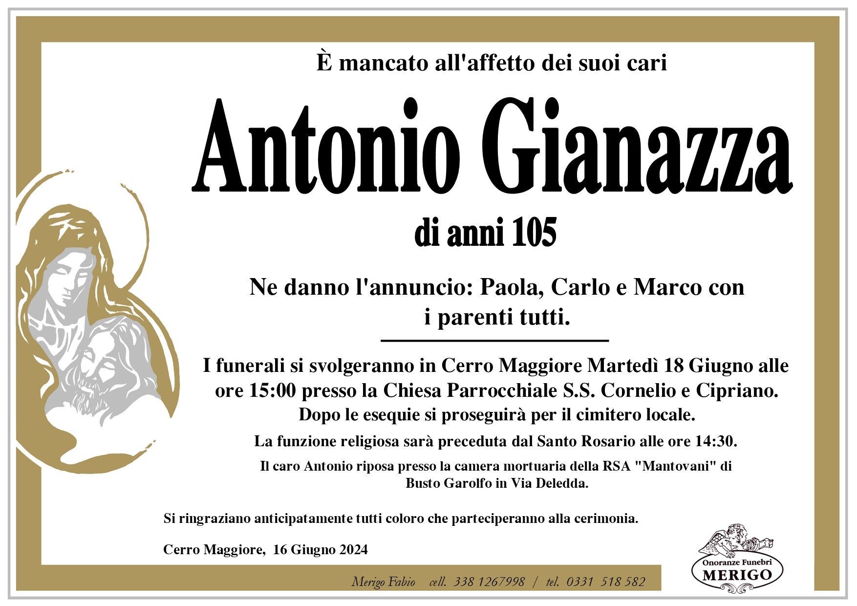 necrologio Antonio Gianazza