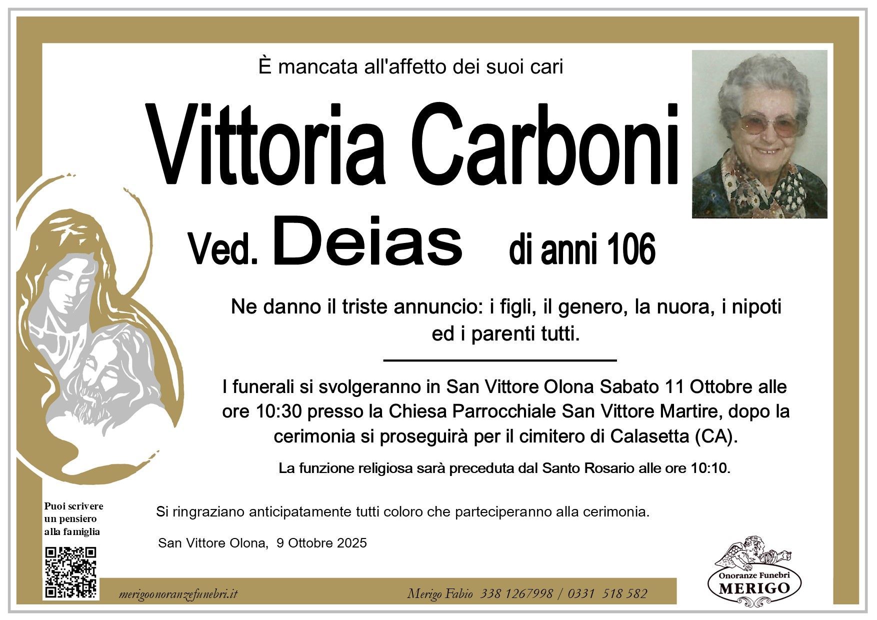 necrologio Vittoria Carboni ved. Deias