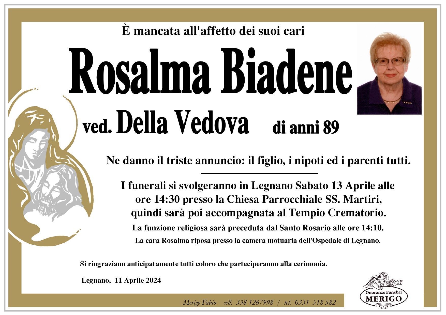 necrologio Rosalma Biadene