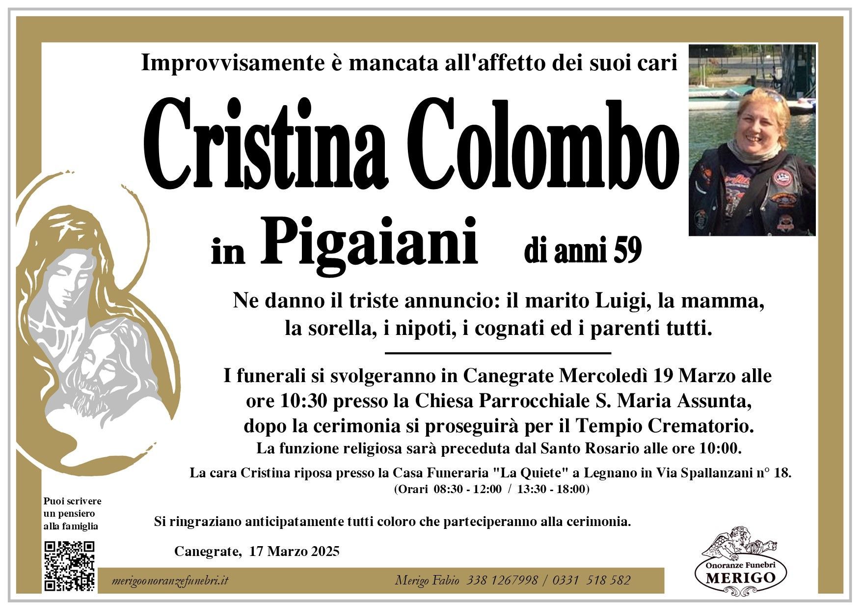 necrologio Cristina Colombo in Pigaiani