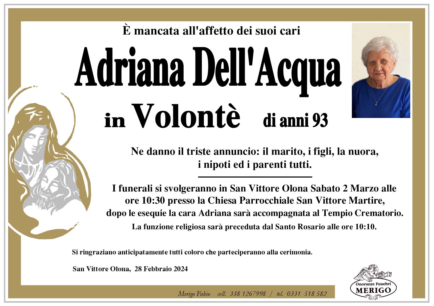 necrologio Adriana Dell'Acqua