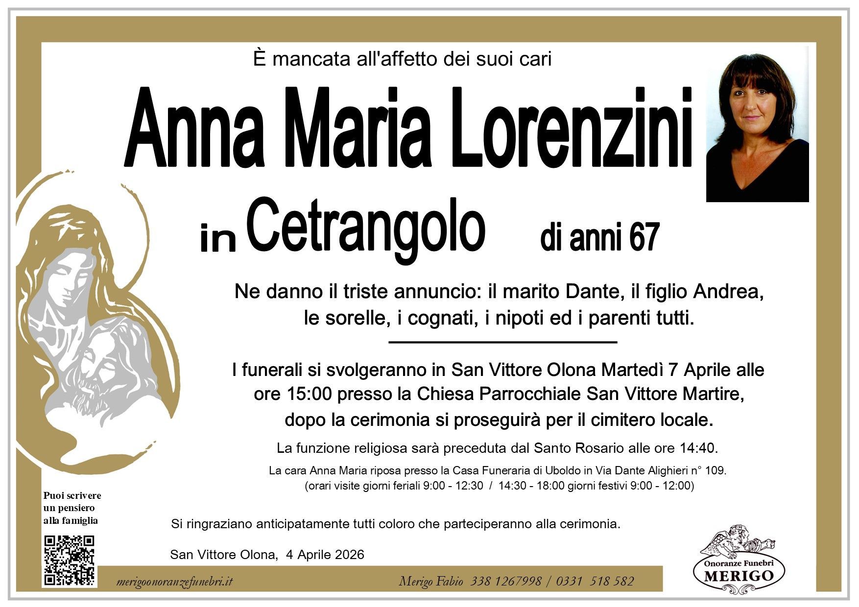 necrologio Anna Maria Lorenzini in Cetrangolo