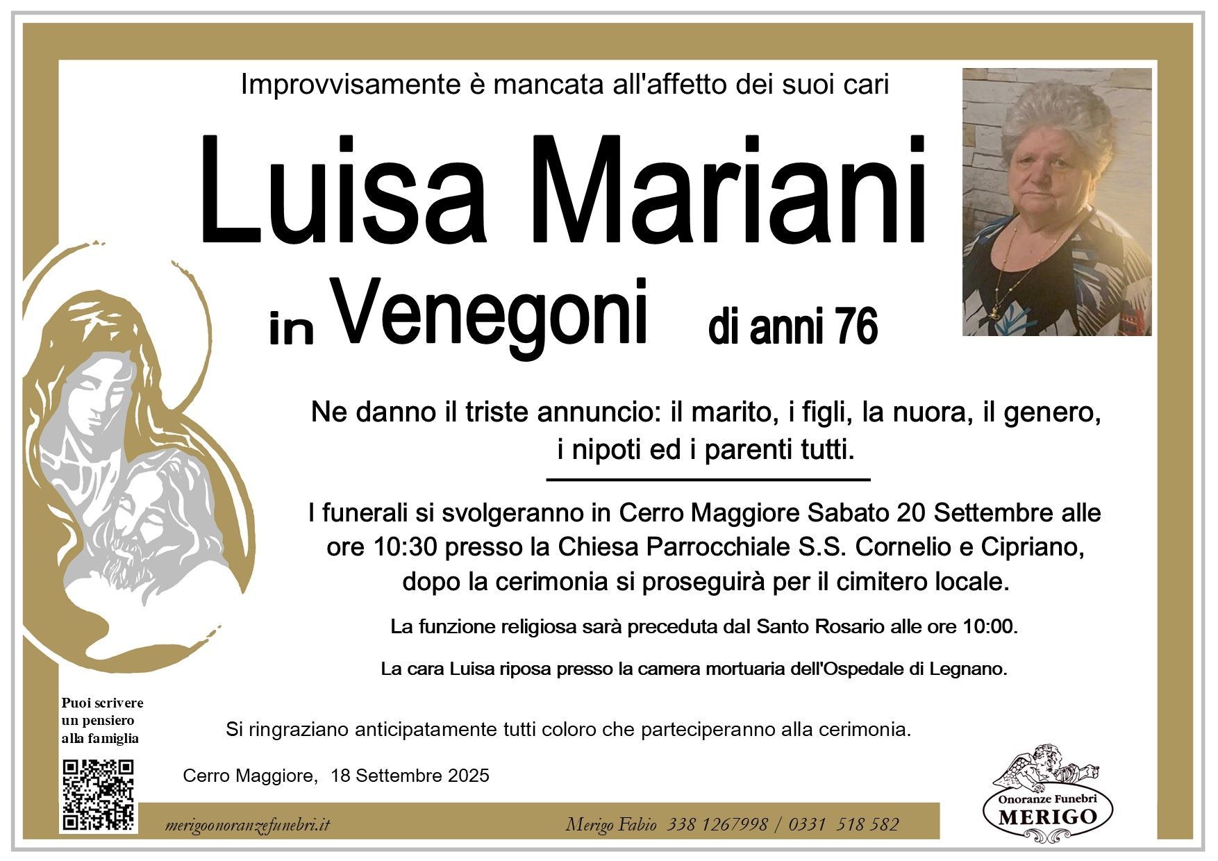 necrologio Luisa Mariani in Venegoni
