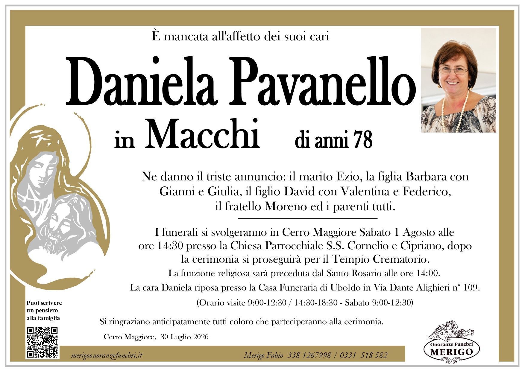 necrologio Daniela Pavanello in Macchi