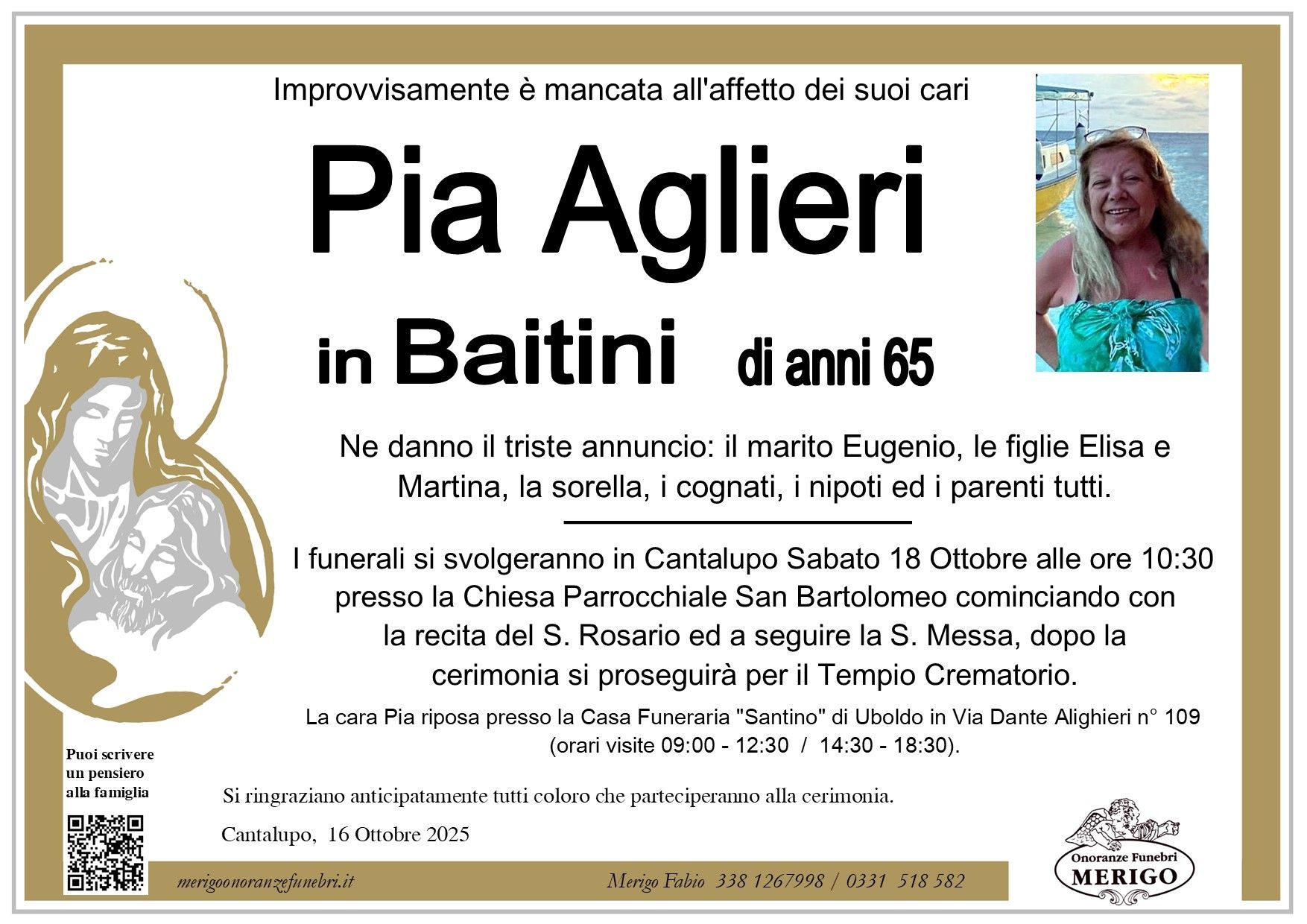 necrologio Pia Aglieri in Baitini