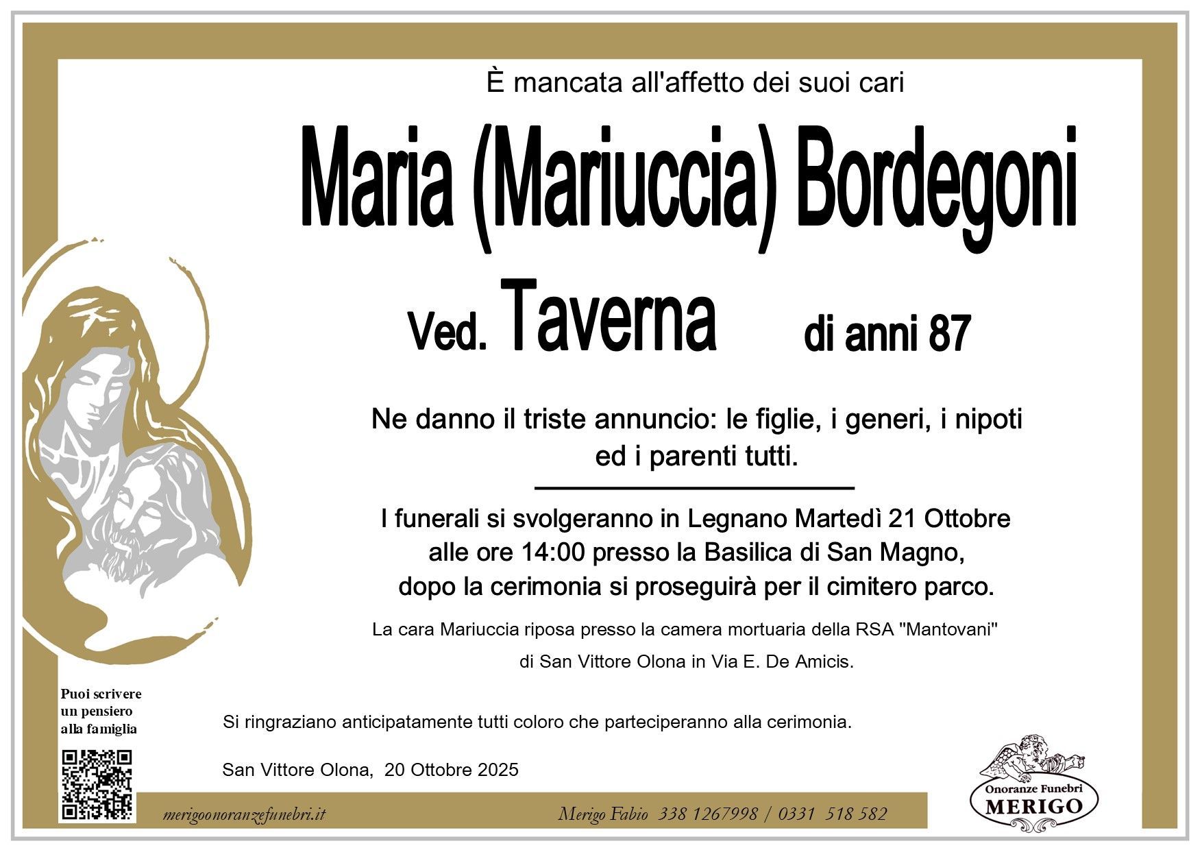 necrologio Maria (Mariuccia) Bordegoni ved. Taverna