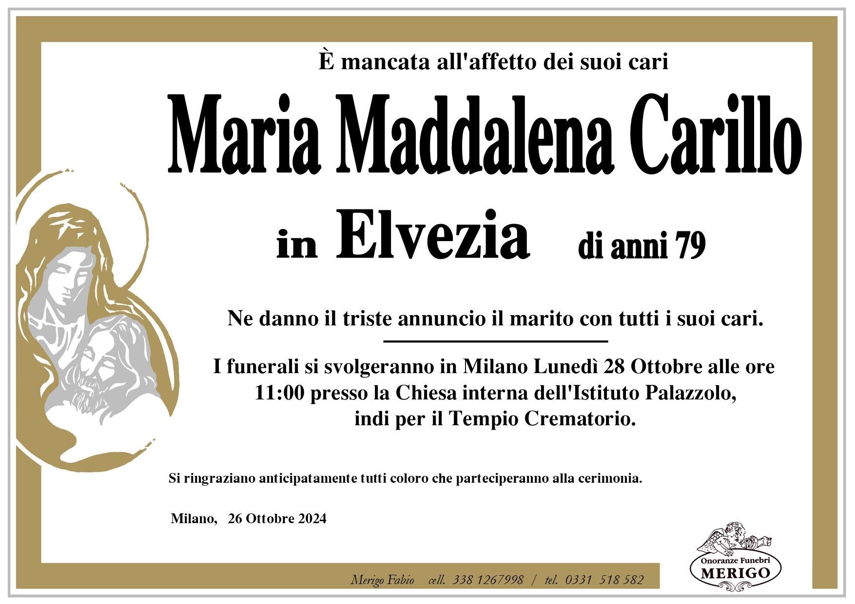 necrologio Maria Maddalena Carillo in Elvezia