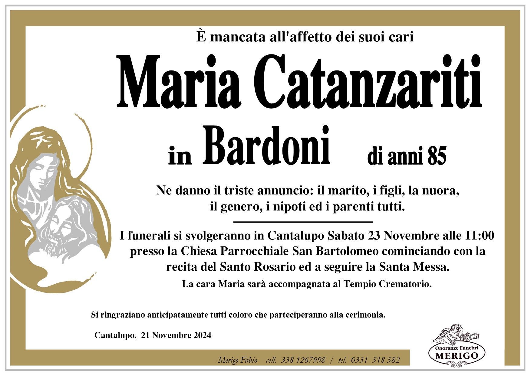 necrologio Maria Catanzariti in Bardoni