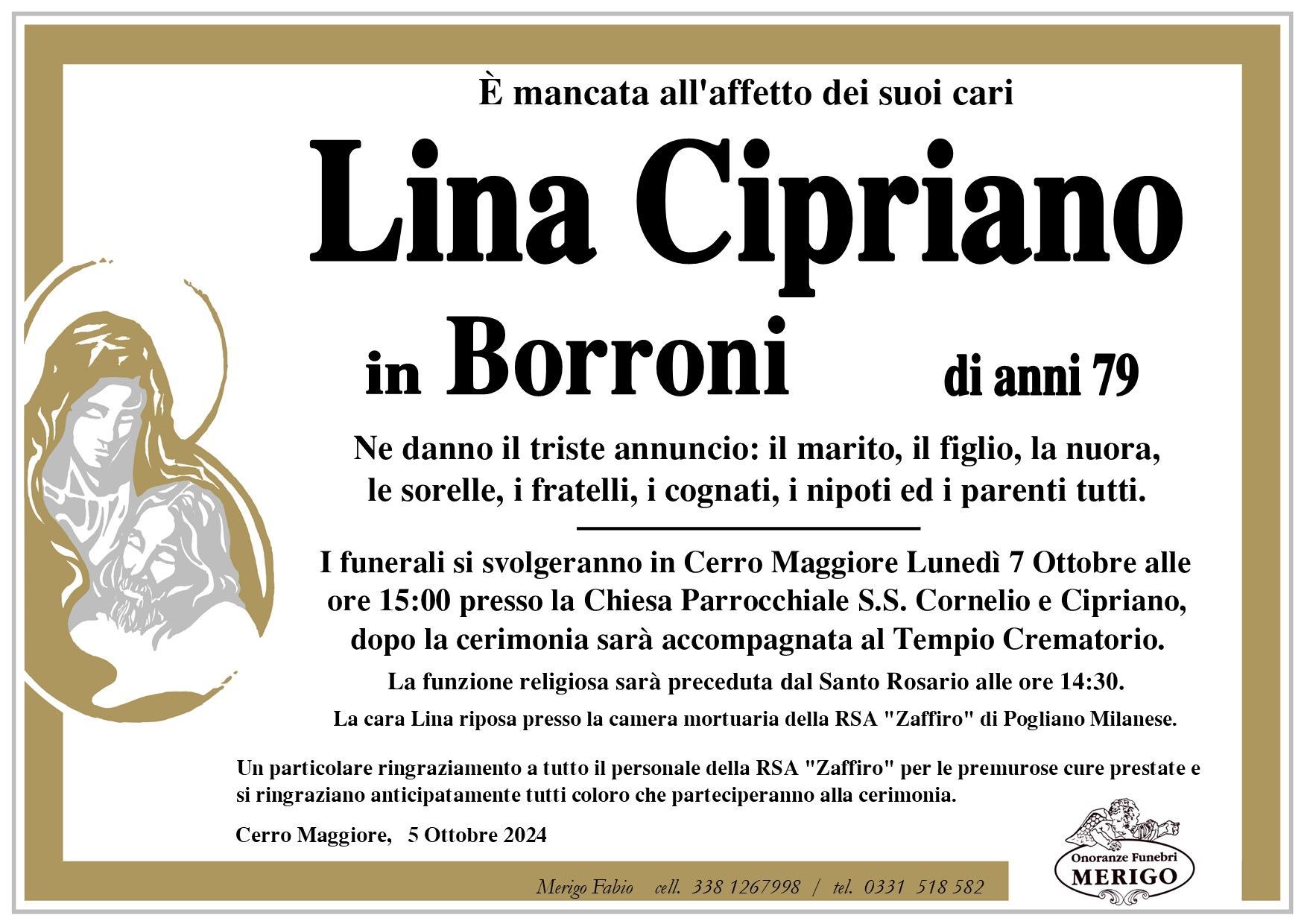 necrologio Lina Cipriano in Borroni