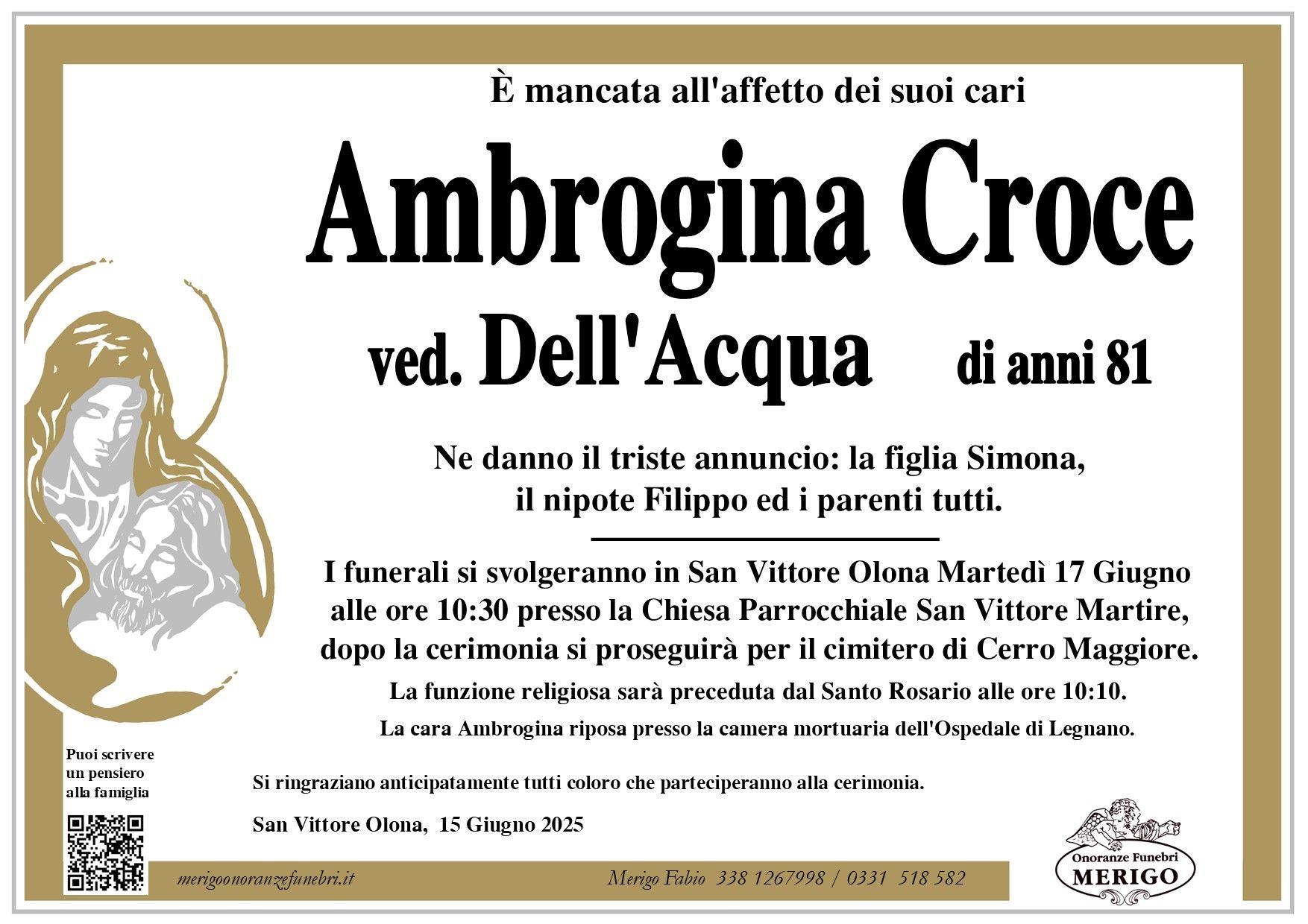 necrologio Ambrogina Croce ved. Dell'Acqua