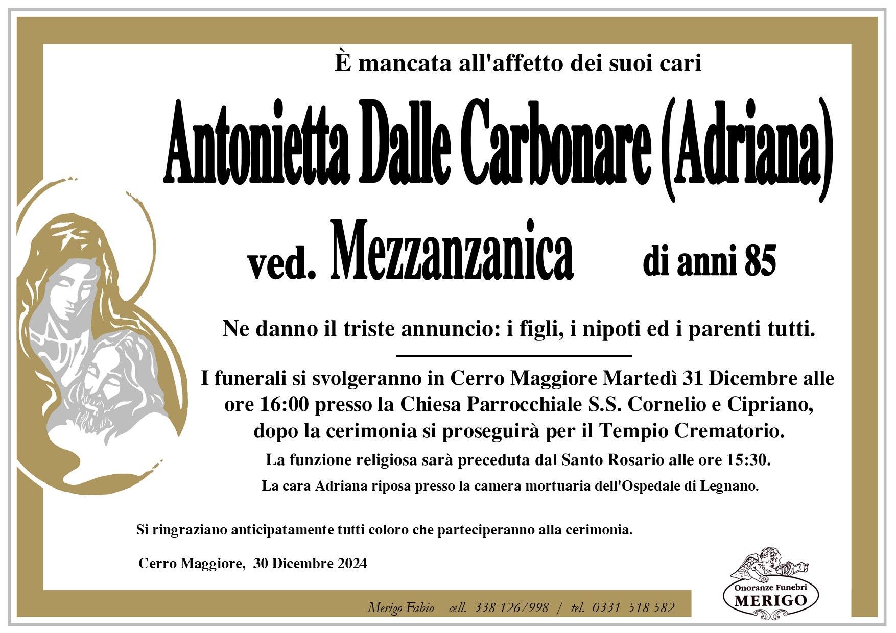 necrologio Antonietta Dalle Carbonare (Adriana) ved. Mezzanzanica