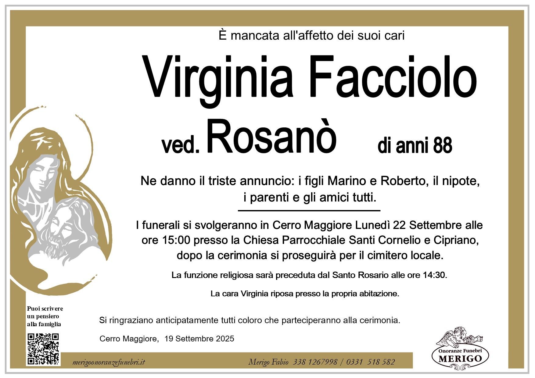 necrologio Virgina Facciolo ved. Rosanò