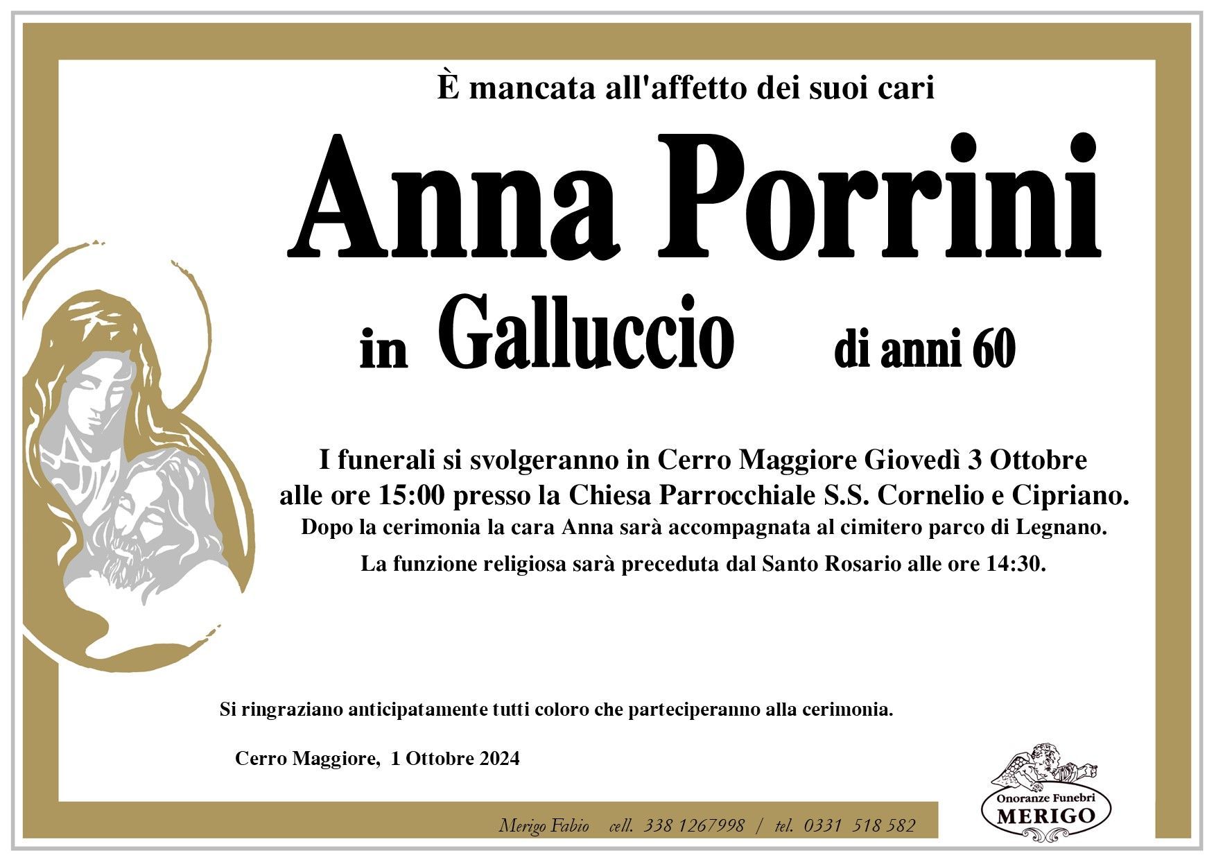 necrologio Anna Porrini in Galluccio