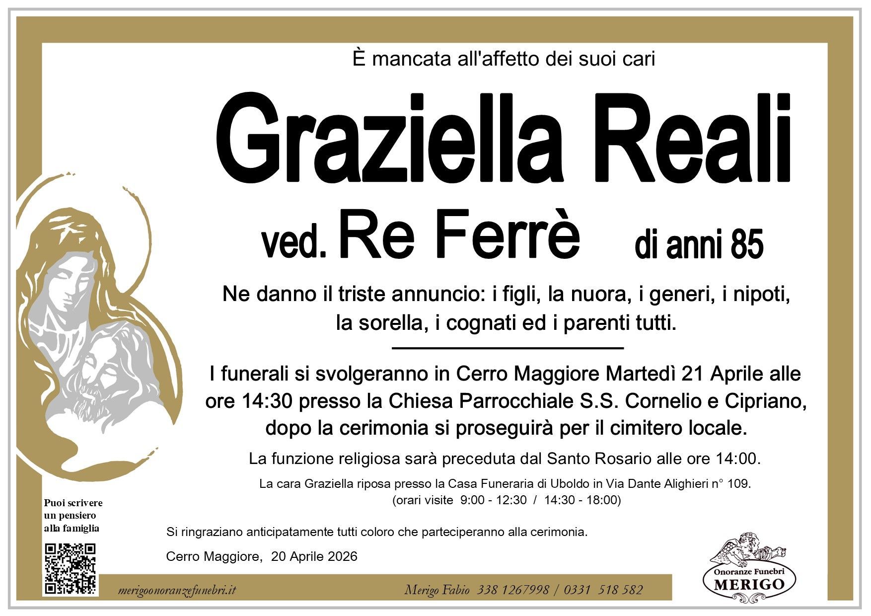 necrologio Graziella Reali ved. Re Ferrè