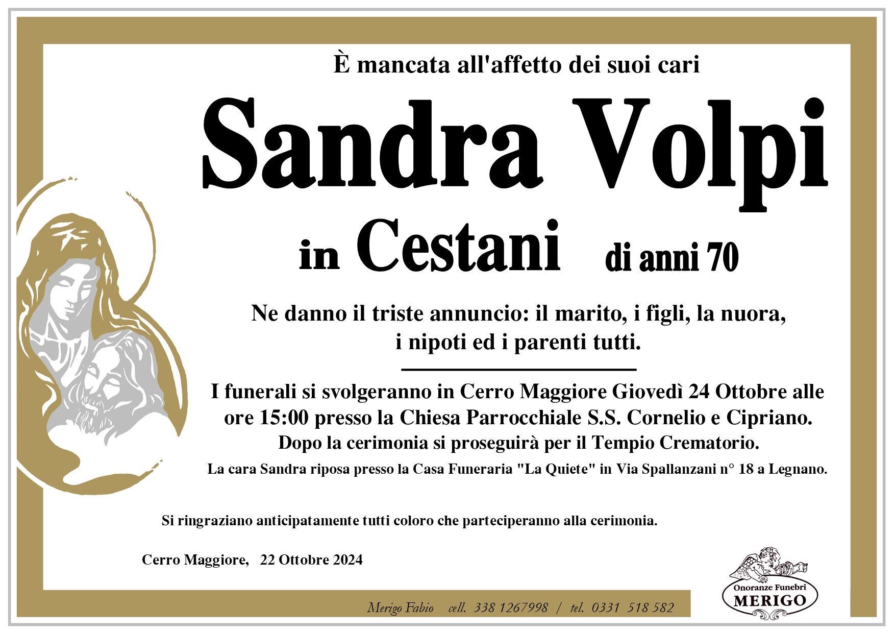 necrologio Sandra Volpi in Cestani
