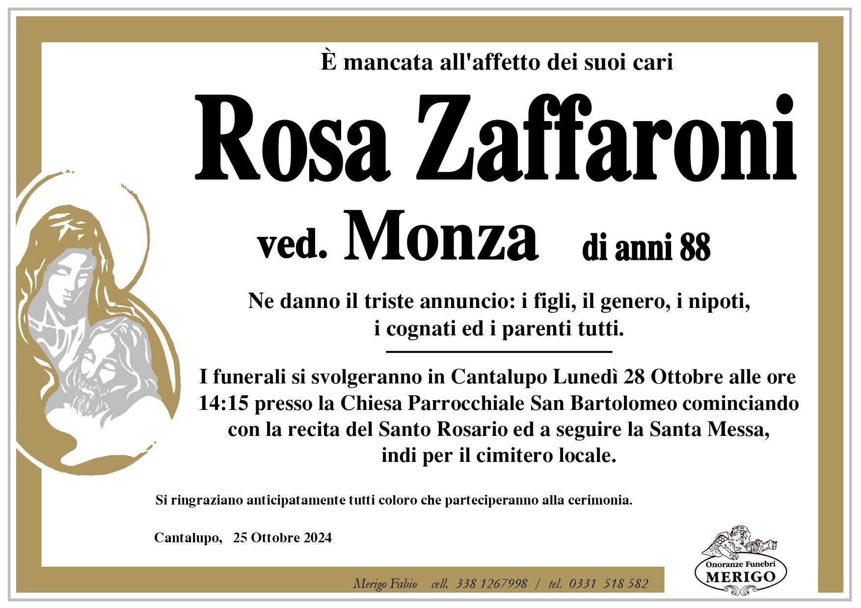 necrologio Rosa Zaffaroni ved. Monza