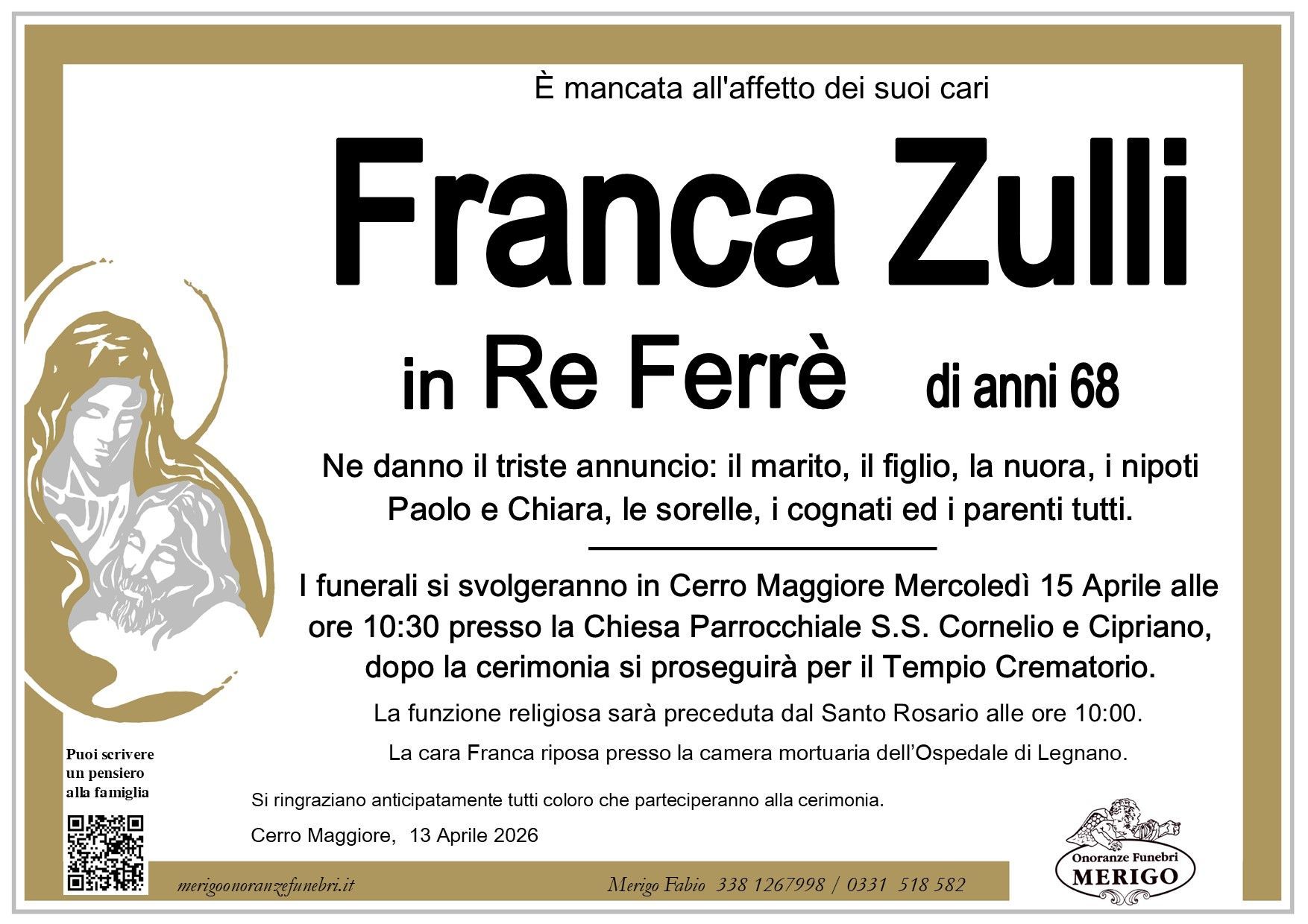 necrologio Franca Zulli in Re Ferrè