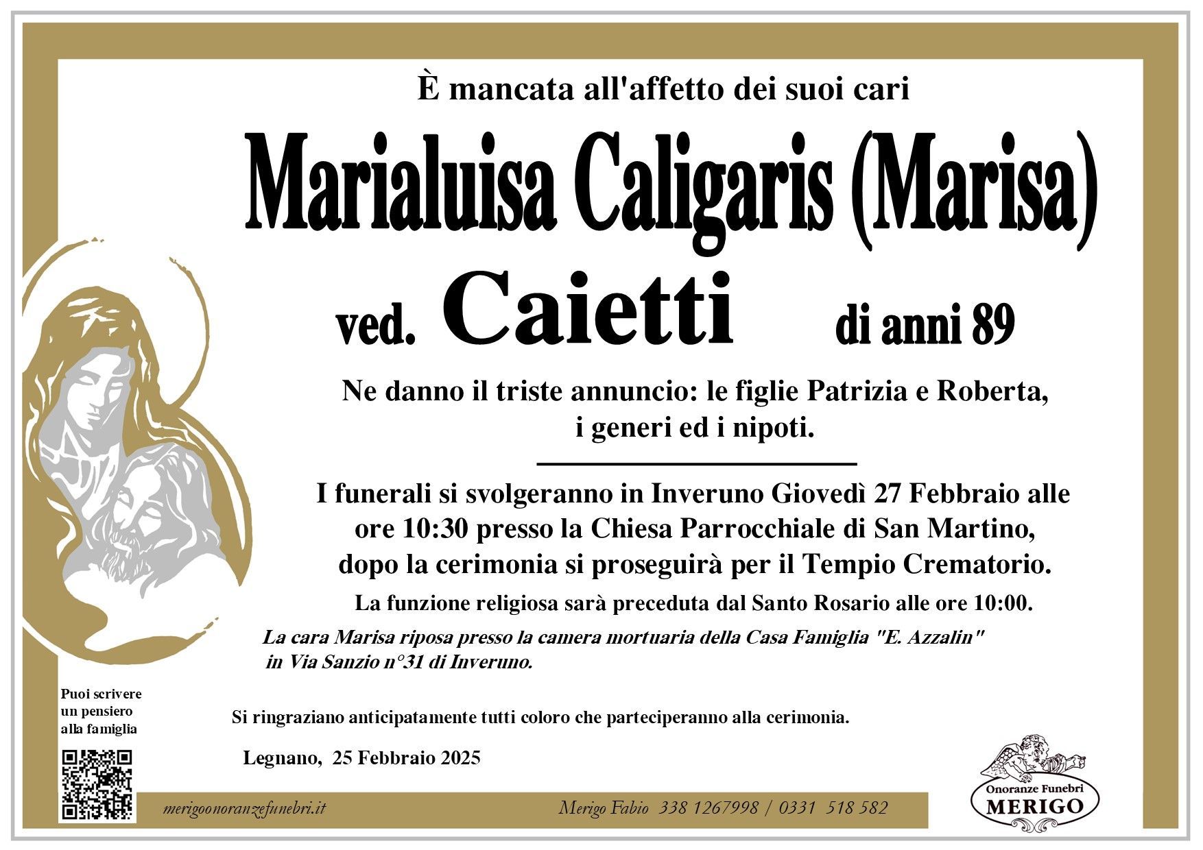 necrologio Marialuisa Caligaris (Marisa) ved. Caietti
