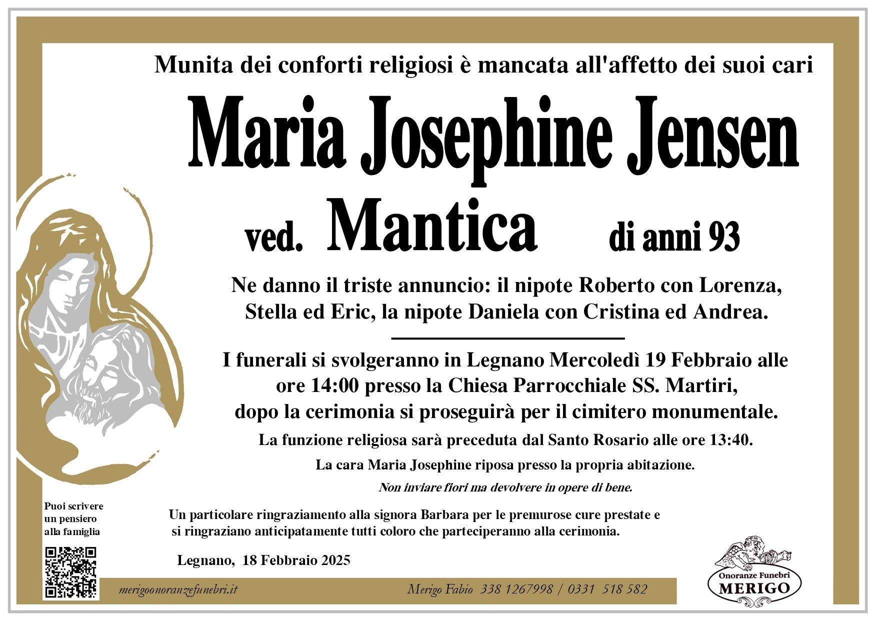 necrologio Maria Josephine Jensen ved. Mantica