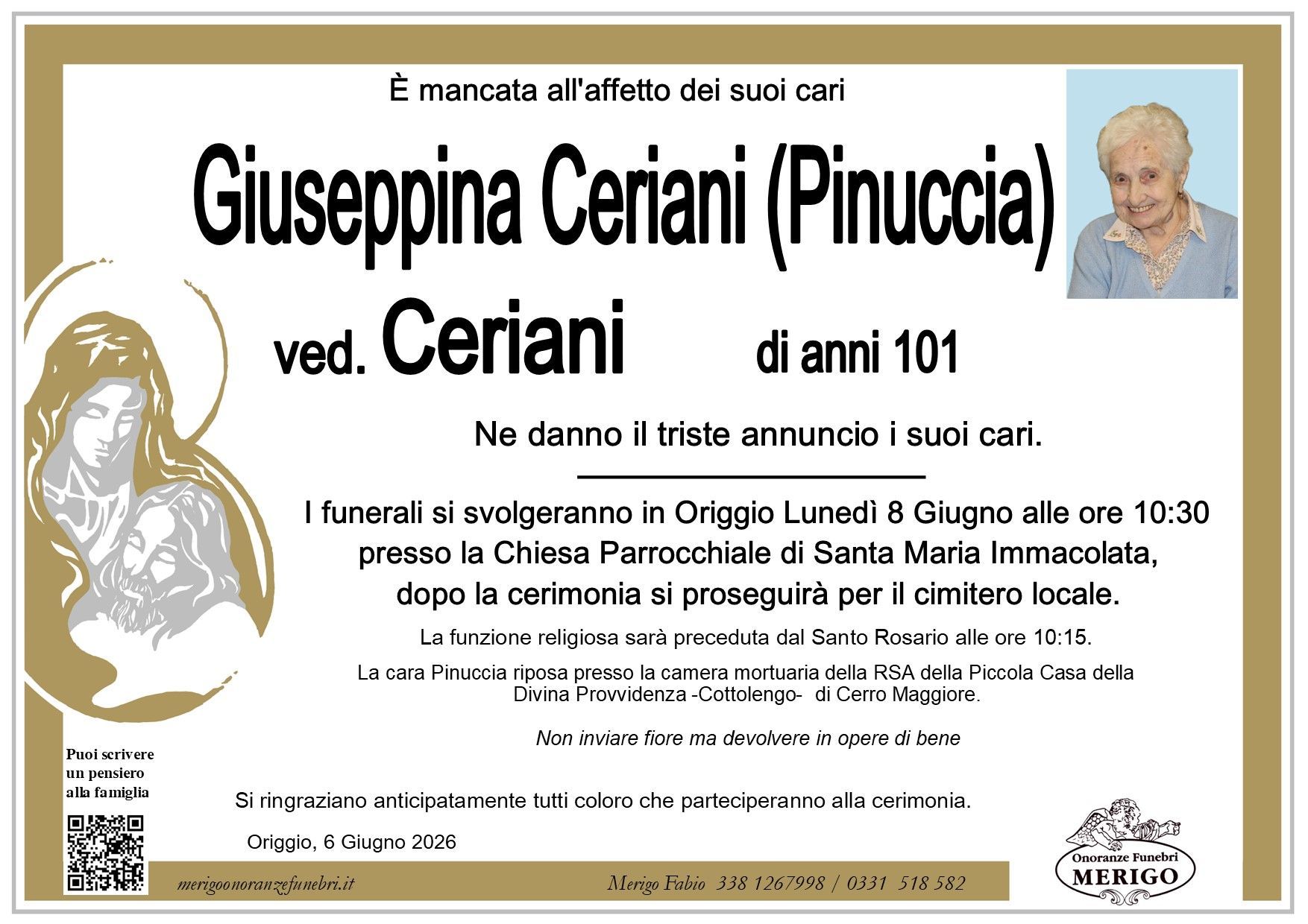 necrologio Giuseppina Ceriani (Pinuccia) ved. Ceriani