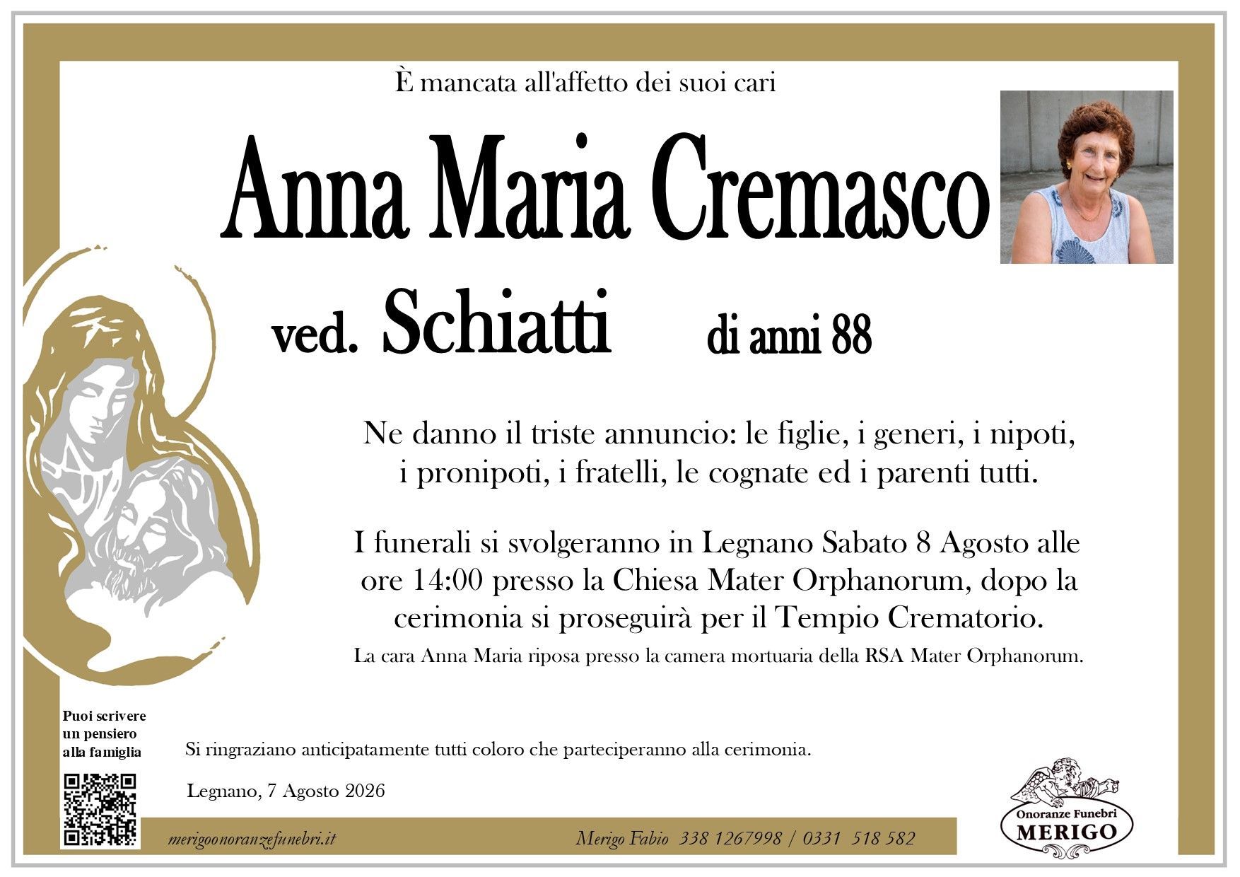 necrologio Anna Maria Cremasco ved. Schiatti